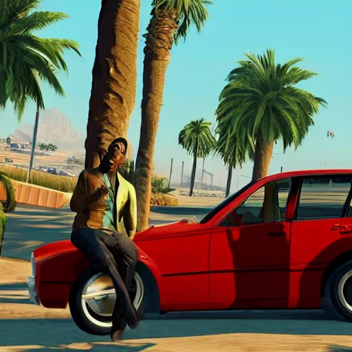 Image similar to Eddie Murphy in GTA V. Los Santos in the background, palm trees. In the art style of Stephen Bliss