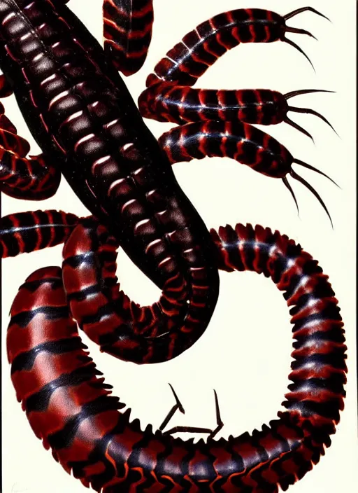 Image similar to beautiful matte airbrush portrait of a scolopendra on a white background, 8 0's airbrush aesthetic, art by pater sato