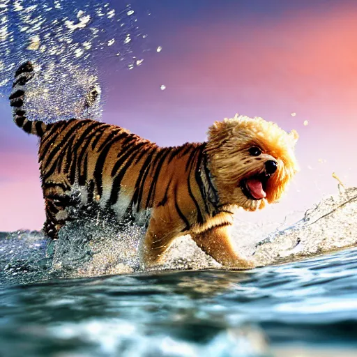 Image similar to a closeup photorealistic photograph of a cute smiling tiger bichon puppy splashing in the surf during sunset. professional capture, well lit shot. this 4 k hd image is trending on artstation, featured on behance, well - rendered, extra crisp, features intricate detail, epic composition and the style of unreal engine.