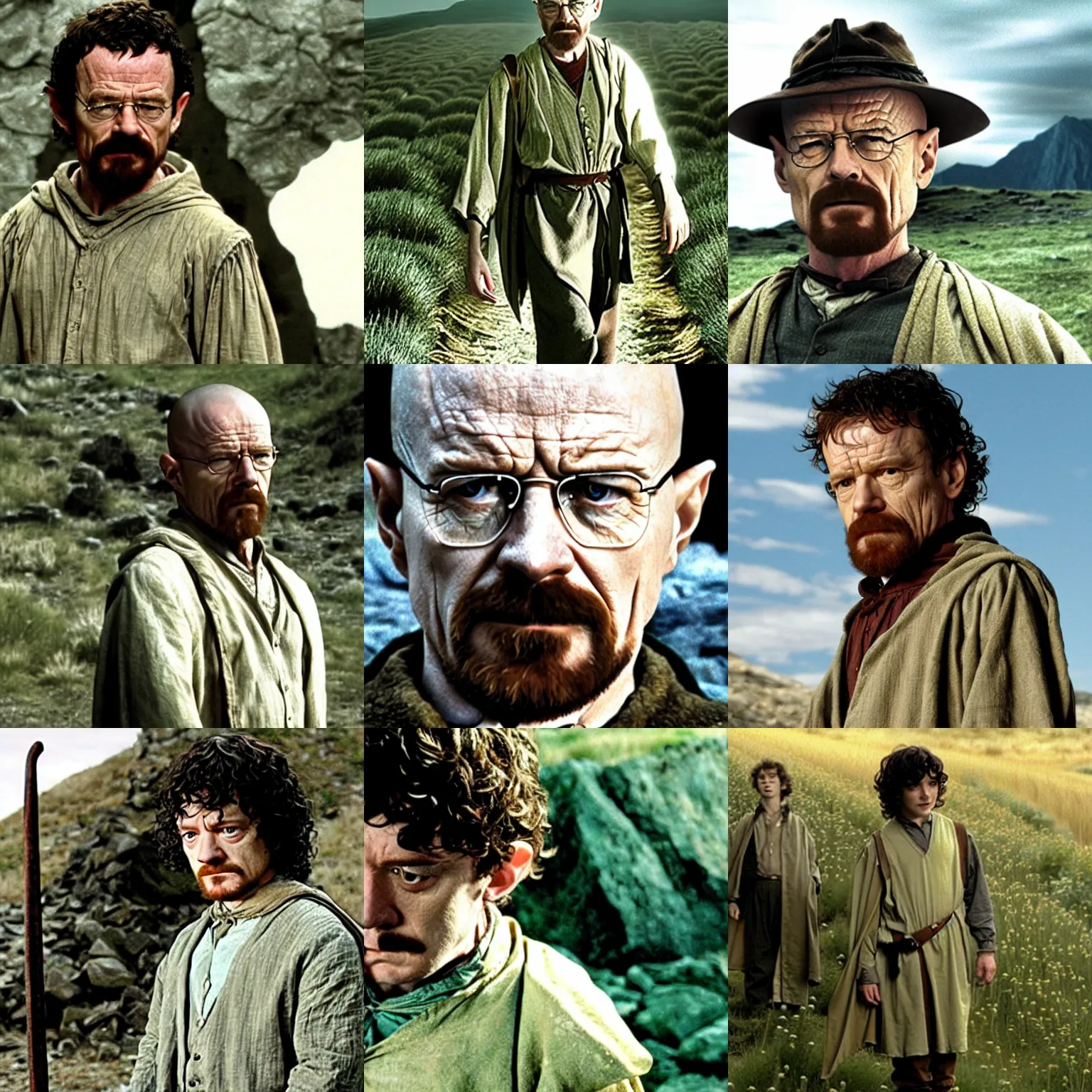 Prompt: Walter White as Frodo Baggins, movie still from Lord of the Rings