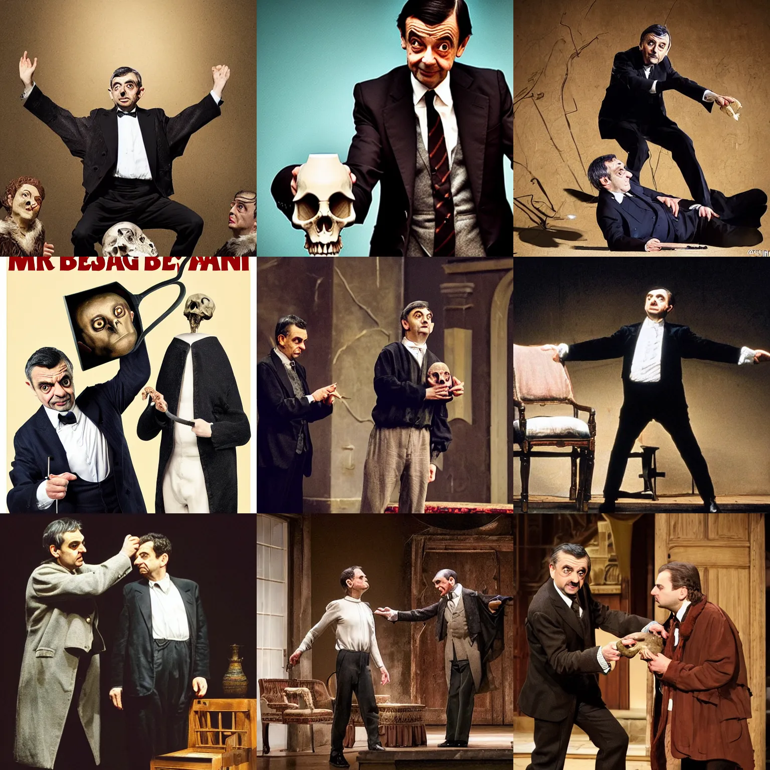 Prompt: mr bean ( rowan atkinson ) plays ( ( ( hamlet ) ) ) and raises a skull on a stag., dramatic, ( ( stage lights ) ), sharp focus, photorealistic, ( ( theatrical ) ), dramatic, directed by robin lough, inspired by laurence olivier, 2 0 1 5 theater poster