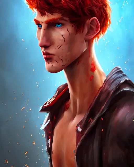 Image similar to an epic fantasy comic book style portrait painting of tall, thin, 1 5 - year - old boy with a long nose, a lot of freckles, fiery red hair, and bright blue eyes, unreal 5, daz, hyperrealistic, octane render, cosplay, rpg portrait, dynamic lighting