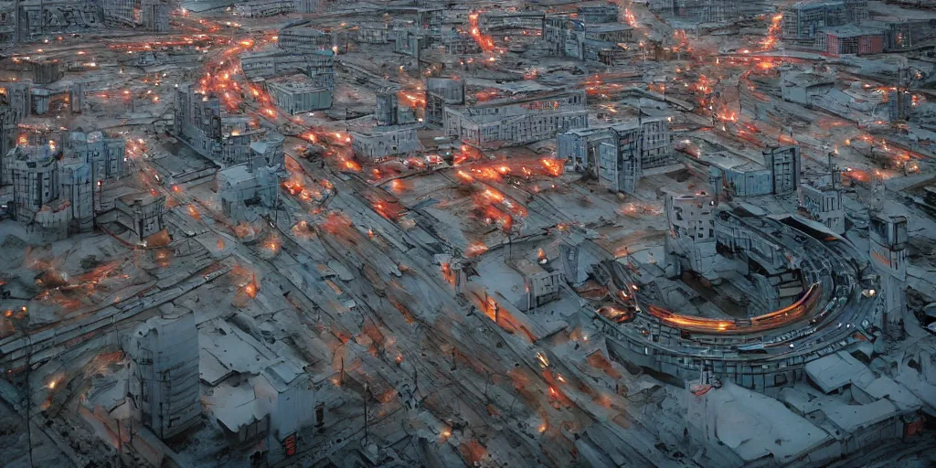 Image similar to cinematic shot of norilsk russian orbit city cityscape, telephoto, iconic scene from the paranoid thriller sci fi film directed by stanley kubrick, anamorphic cinematography, beautiful composition, color theory, leading lines, photorealistic, moody volumetric lighting