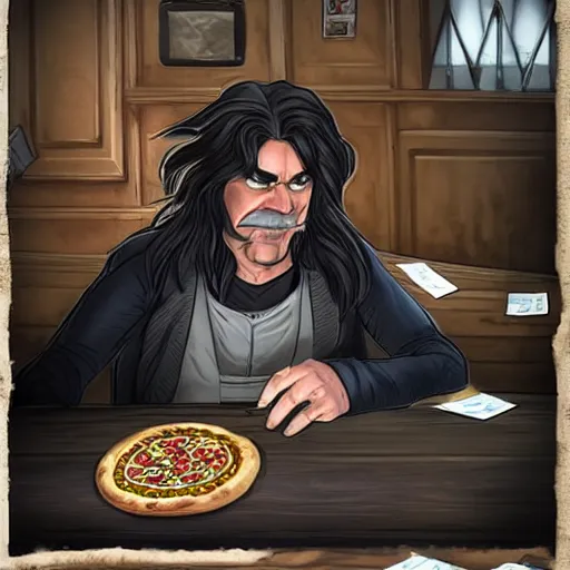 Image similar to a grumpy danish man with long black hair eating pizza while DMing an AD&D game, D&D, rogue, dark hair, skinny, middle aged, D&D dice on table, papers on table, character sheets on table, natural lighting, black hair, dark hair
