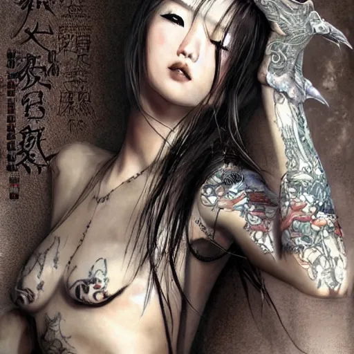 Image similar to gorgeous chinese girl in tattoos, by luis royo, in clothes, top cinematic lighting, cinematic mood, hyperrealism, full-length