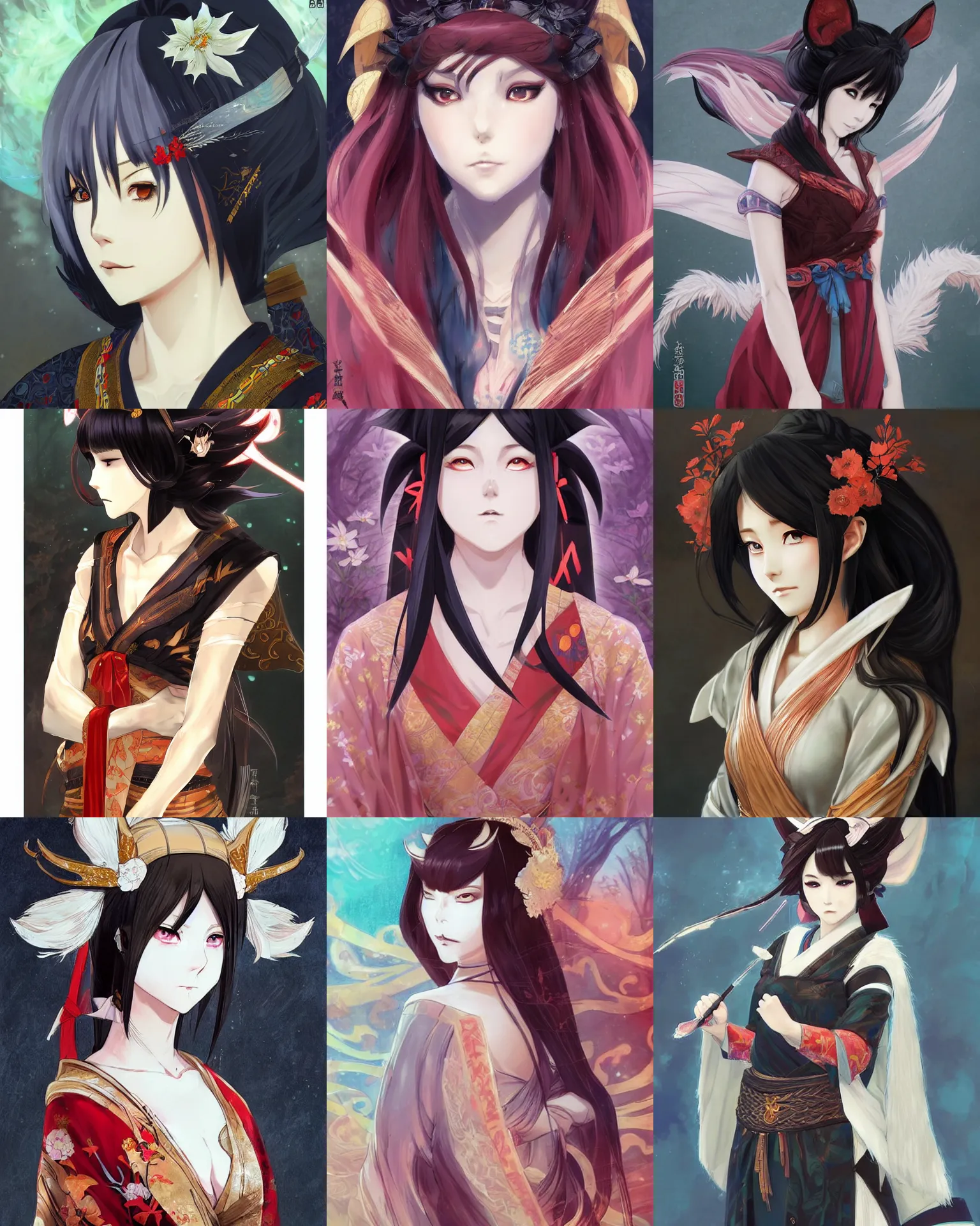 Prompt: An anime portrait of Ssunbiki as a beautiful kitsune woman with dark hime cut hair wearing a kimono from Skyrim, by Stanley Artgerm Lau, WLOP, Rossdraws, James Jean, Andrei Riabovitchev, Marc Simonetti, and Sakimichan, trending on artstation, cinematic character concept art
