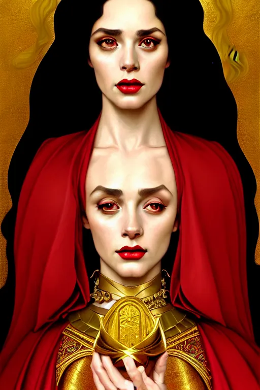 Image similar to Portrait of historically accurate, ancient biblical, sultry, sneering, evil, pagan, wicked, young queen jezebel, wearing gilded red robes, long black hair, intricate, elegant, highly detailed, digital painting, artstation, concept art, smooth, sharp focus, illustration, art by artgerm and greg rutkowski and alphonse mucha and andrei riabovitchev