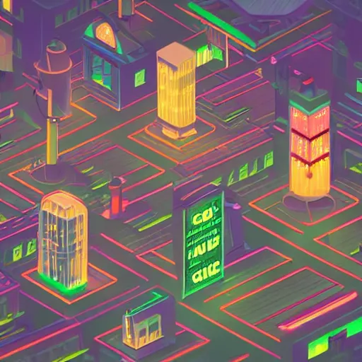 Image similar to isometric neon city at night rainy lamp posts few people in the future capital city