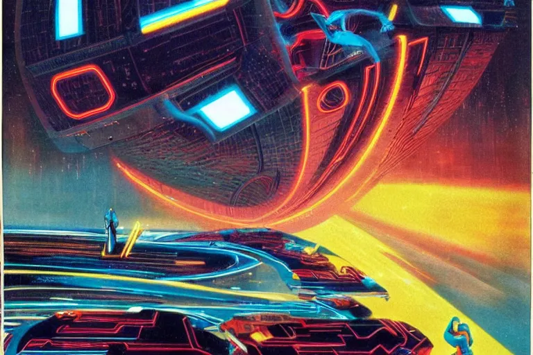 Image similar to 1979 OMNI Magazine Cover of Tron. in cyberpunk style by Vincent Di Fate