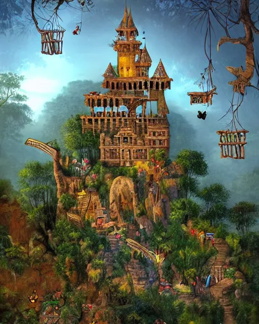 Image similar to photo of a beautiful heavenly castle built with sticks and stones in the deep jungle, with a timberman and 100 cats, misty godrays
