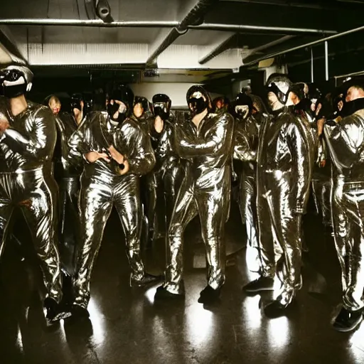 Prompt: photo, a giant massive group of men wearing full body shiny reflective latex suits including pants and shirts and boots and masks, performing an incredibly acrobatic wild dance inside a decaying condemned 1980's mall