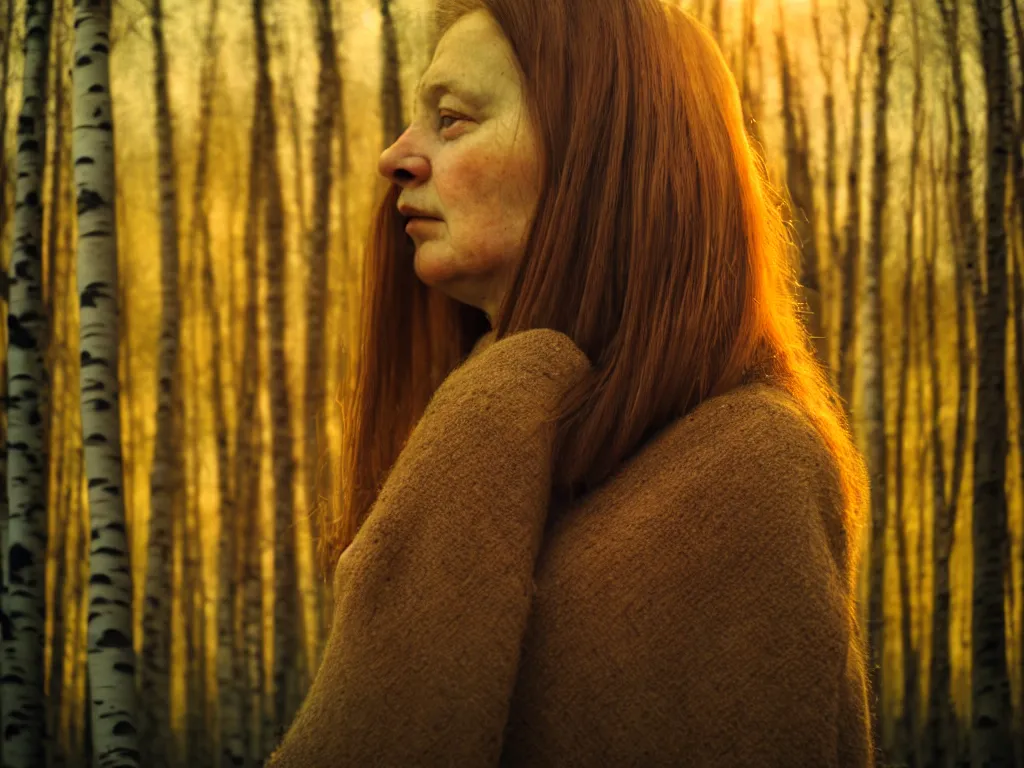 Prompt: close up portrait of woman, solemn expression, faded color film, russian cinema, tarkovsky, kodachrome, heavy birch forest, long brown hair, old clothing, light fog, shallow depth of field, atmospheric haze, brown color palette, sunset, low light, dramatic lighting