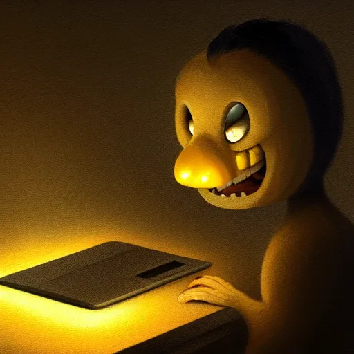 Image similar to anthropomorphic corn cob typing on his laptop in a dark room, face illuminated, hyperrealistic, artstation, 8 k, concept art, very detailed, hd, digital painting, dramatic lighting