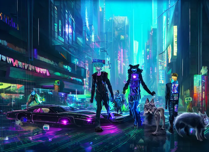 Image similar to high - resolution photograph from a cyberpunk era furry fandom convention ( midwest furfest 2 0 4 7 ), taking place after the genetic revolution and quantum singularity. photorealistic.