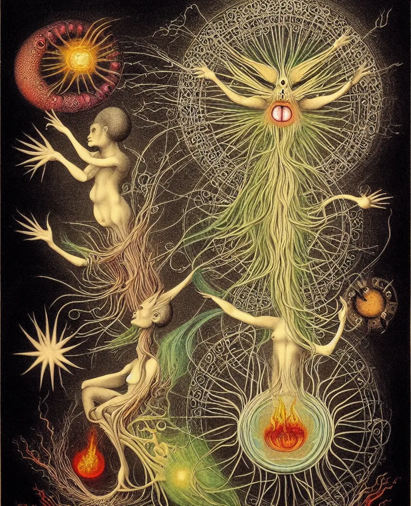 Image similar to whimsical freaky creature sings a unique canto about'as above so below'being ignited by the spirit of haeckel and robert fludd, breakthrough is iminent, glory be to the magic within, painted by ronny khalil