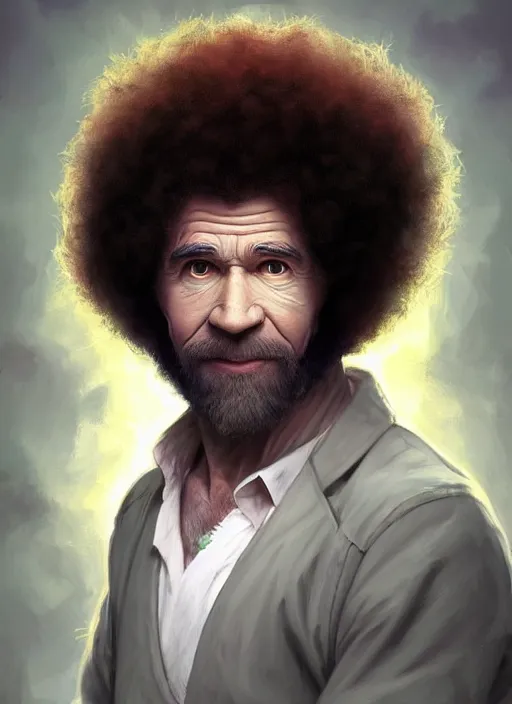 Image similar to Portrait of Bob Ross, white glowing eyes, maroon coloured afro, male, fantasy, extremely detailed, digital painting, artstation, concept art, smooth, sharp focus, illustration, stunning lighting, art by artgerm and greg rutkowski and alphonse mucha and simon stalenhag, realistic character concept, high fantasy, light atmosphere, golden ratio, cinematic lighting, hyperdetailed, high resolution, insanely detailed and intricate, artstation, Marc Simonetti, Greg Rutkowski, 8k