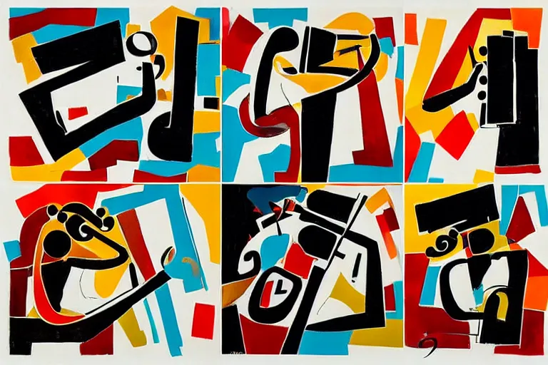 Image similar to four musicians playing with musical notes as abstract art in the style of Stuart Davis