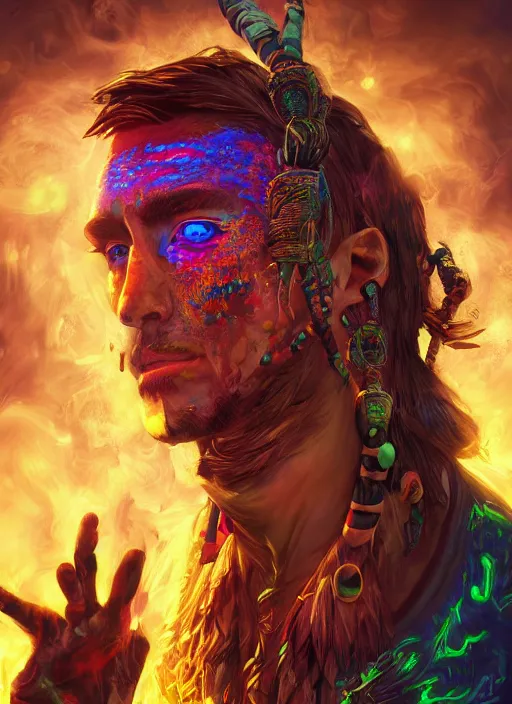 Image similar to An epic fantasy comic book style portrait painting of a wild shaman tripping on Ayahuasca, Shipibo patterns made of lasers, fisheye lens, unreal 5, DAZ, hyperrealistic, octane render, cosplay, RPG portrait, dynamic lighting