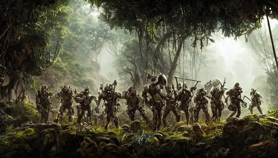 Image similar to a beautiful highly detailed matte painting of a band of mercenaries finding a robot in a dense jungle underground