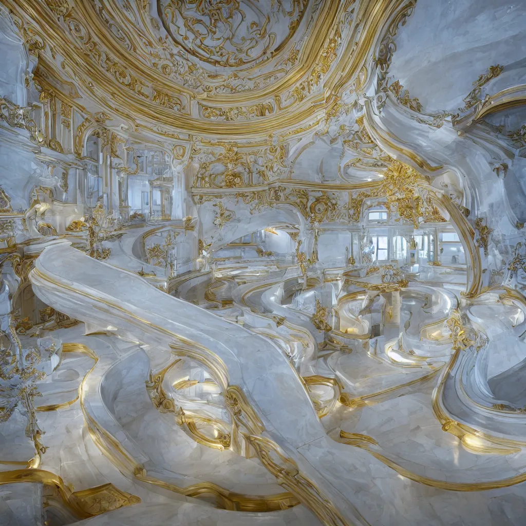 Image similar to an incredibly smooth curvilinear neo baroque interior architectural sculpture, a golden pool on the ground is envelope by folding white surfaces, blue light, visually satisfying architecture render