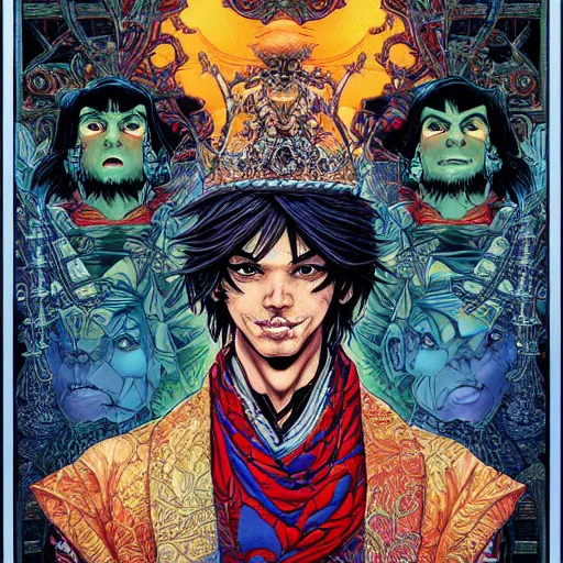 Image similar to portrait of crazy aladdin, symmetrical, by yoichi hatakenaka, masamune shirow, josan gonzales and dan mumford, ayami kojima, takato yamamoto, barclay shaw, karol bak, yukito kishiro