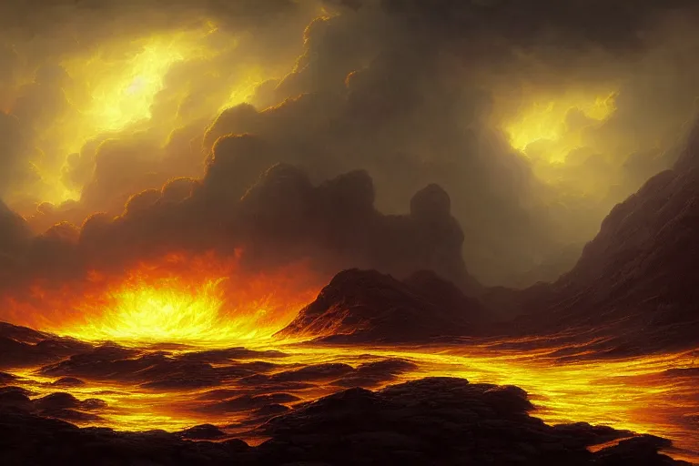 Prompt: a beautiful hyper realistic detailled matte painting of a fiery torrent of wind overflowing with yellow energy, nightfall, barometric projection, by andreas rocha john howe, and martin johnson heade, featured on artstation, featured on behance, ultrawide angle, f 1 6