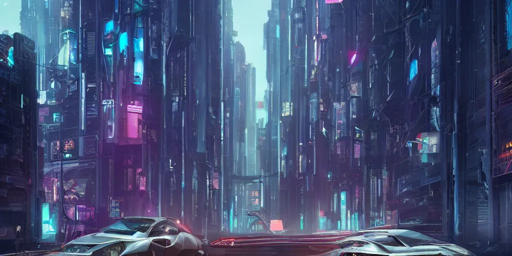 Image similar to a car driving down a street next to tall buildings, cyberpunk art by Vincent Lefevre, cgsociety, retrofuturism, matte painting, reimagined by industrial light and magic