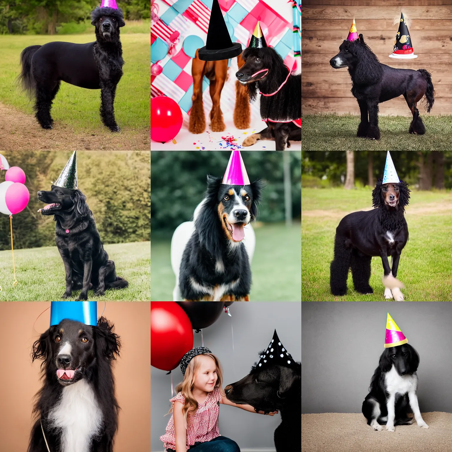 Prompt: a medium sized black schapendoes dog with wavy hair on a horse, both wearing party hats, birthday party, high quality photo, photo contest winner