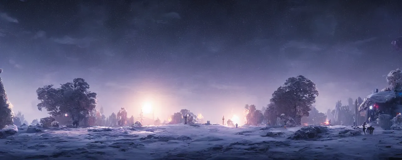 Image similar to winter nights with clear sky and stars and milky way galaxy 8 k uhd, unreal engine, octane render in the artstyle of finnian macmanus, john park and greg rutkowski