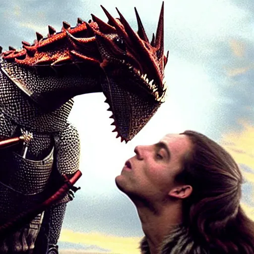 Image similar to a knight kissing a dragon. Amazing movie still.