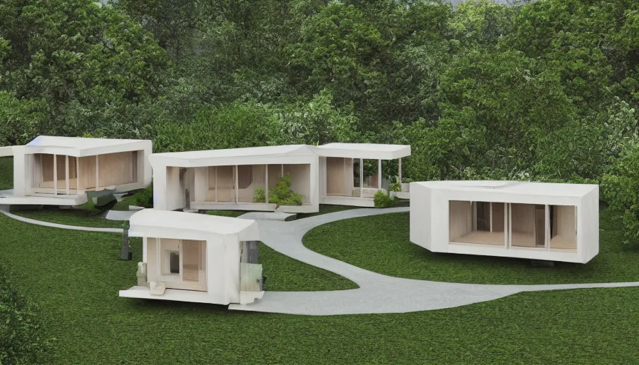 Prompt: A wide image of an eco-community neighborhood of innovative contemporary 3D printed prefab sea ranch style cabins with rounded corners and angles, beveled edges, made of cement and concrete, organic architecture, in a lush green eco community with side walks, parks and public space , Designed by Gucci and Wes Anderson, golden hour