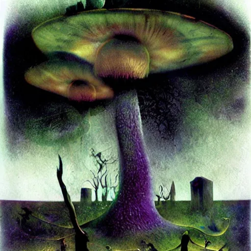 Image similar to psychedelic mushrooms dream, by dave mckean