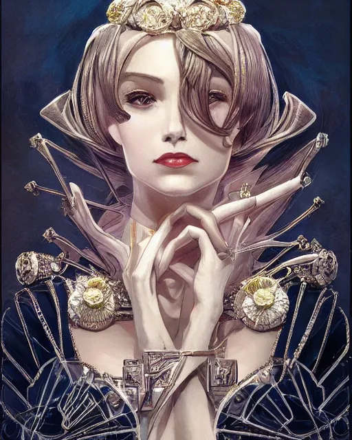 Image similar to portrait of a queen, art deco style, beautiful, elegant, mesmerizing, concept art, highly detailed, smooth, fantastical, artstation, trending, sana takeda, ayami kojima, shinichi sakamoto