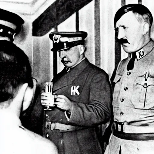 Image similar to Adolf Hitler as a prisoner, drinking a beer