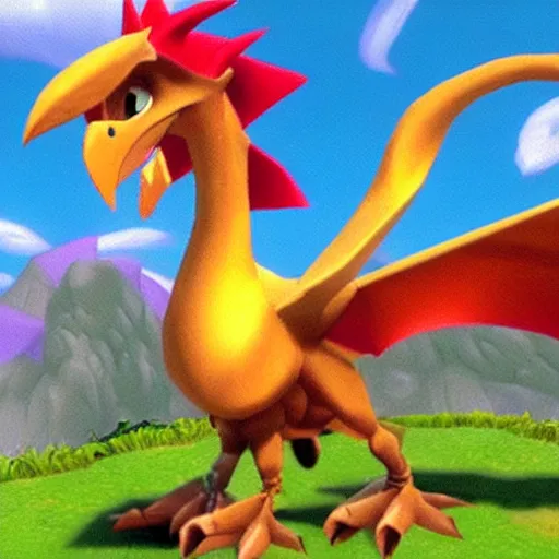 Image similar to screenshot of a humanoid griffin bard with a feather in its cap as an enemy in spyro the dragon video game, with playstation 1 graphics, activision blizzard, upscaled to high resolution