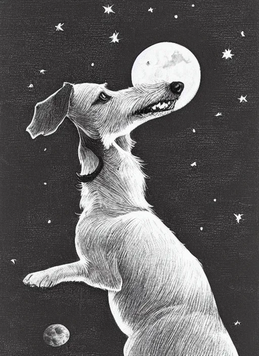 Prompt: candid portrait of jack russel dog howling at the moon, from behind, night sky, highly detailed, illustrated by peggy fortnum and beatrix potter and sir john tenniel