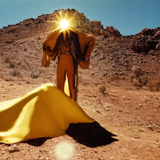 Image similar to mick jagger dressed in golden costume with jewels in a dry rocky desert landscape, visible sky and sunny atmosphere, fata morgana by alejandro jodorowsky, anamorphic lens, kodakchrome, 8 k -