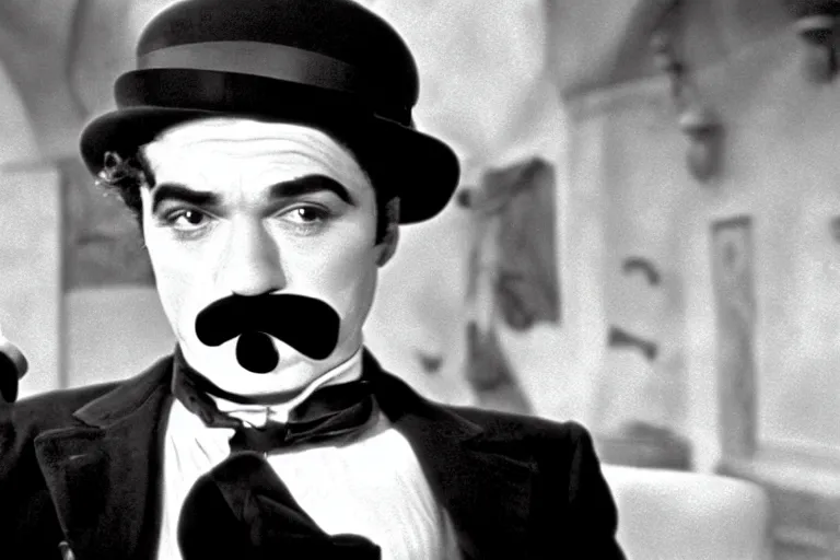 Prompt: Antonio Banderas as Charlie Chaplin in 'My Chap Chaplin' (1968), movie still frame, promotional image, imax 70 mm footage, oscar nominated cinematography, volumetric lighting, 8k resolution