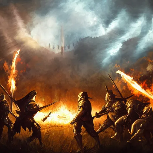 Image similar to war torn medieval battlefield, figures fighting in the distance, dragons spewing fire, mages in a circle casting, dnd, fantasy, high quality, high definition, concept art, smooth