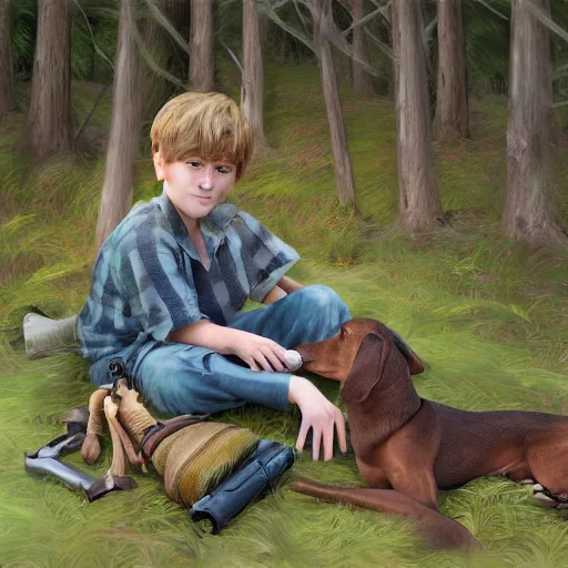 Image similar to a boy dreaming in bed, surrounded by a forest, with his trusty hunting dog and rifle, digital painting, photo - realism, sharp focus