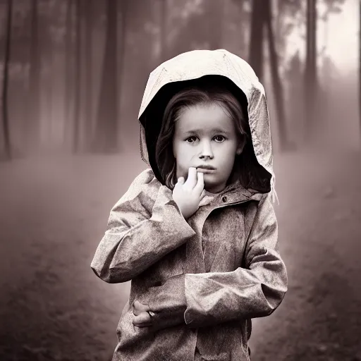 Image similar to stunning portrait photography of A sad child wearing boots, leggings and a raincoat, near forest, outdoors, dark from national geographic award winning, large format dramatic lighting, taken with canon 5d mk4, sigma art lens, monochrome