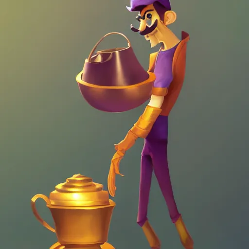 Image similar to waluigi holding golden cup, by lois van baarle, greg rutkowski, artstation, digital art, high detailed, high quality,