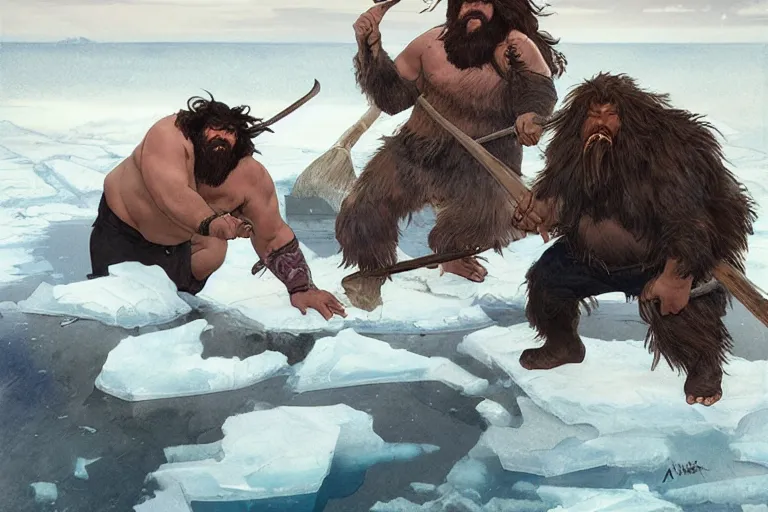 Image similar to a walrus fighting a caveman among on sea ice, stark lighting, water color, art by artgerm and greg rutkowski and alphonse mucha and jin xiaodi and anthony devine