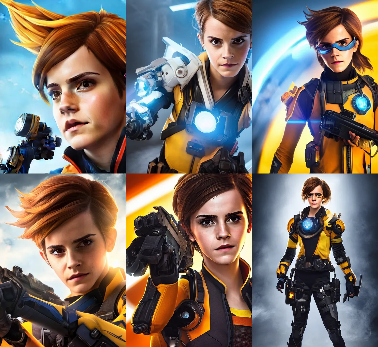 Image similar to emma watson as tracer! from overwatch in an upcoming overwatch live action movie, detailed face, promo shoot, studio lighting