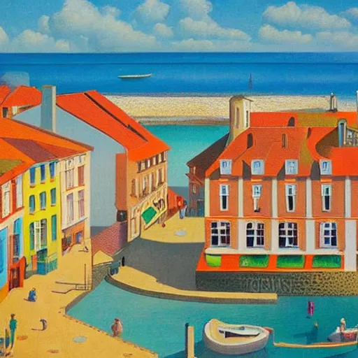 Prompt: top view of a small european town by the sea with lots of tourists, ocean light, good dynamic range, good color, by Magritte, Oil Paint, Watercolor