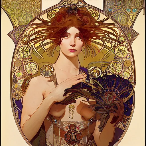 Image similar to seductive science fiction byzantine noble, by alphonse mucha and greg rutkowski