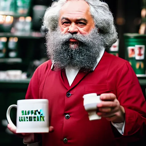 Image similar to Karl Marx dressed as Starbucks barista, photography, 4k