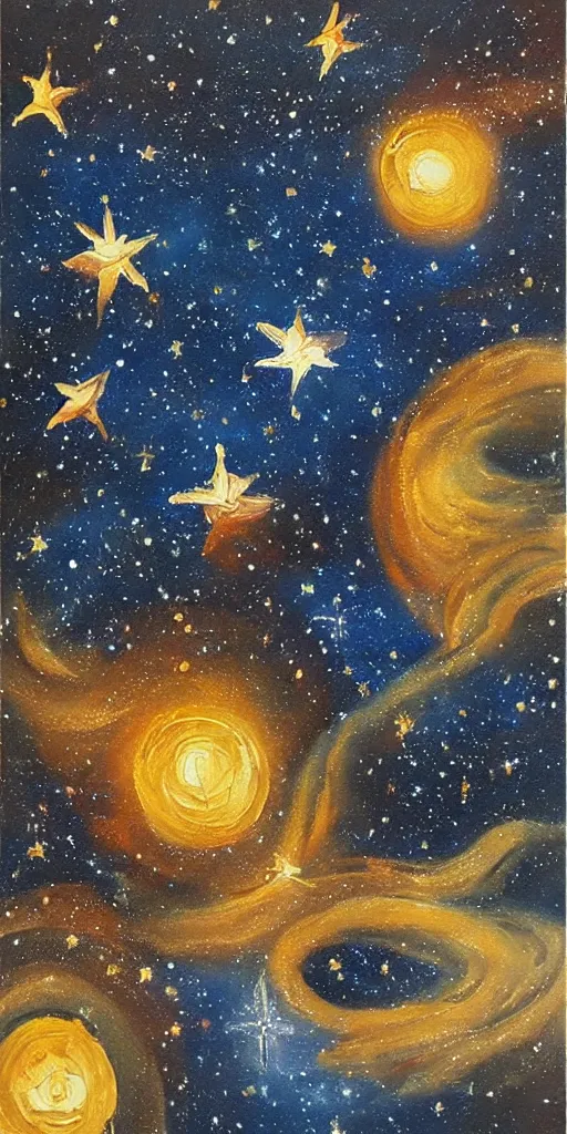Prompt: traditional east asian oil painting of space, beautiful stars
