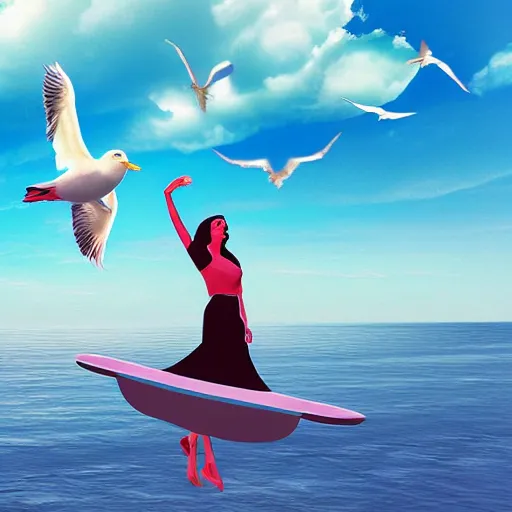 Prompt: Digital art of a woman riding a giant seagull in the sky