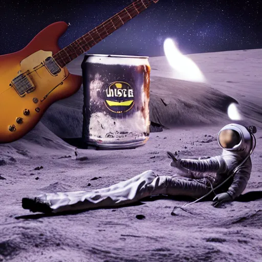 Image similar to photo of a detailed, realistic, regular sized, sitting idle fender electric guitar next to a sitting idle beer can and an astronaut sitting down on the moon surface. detailed photo. realistic photo. cinematic. cinematic shot